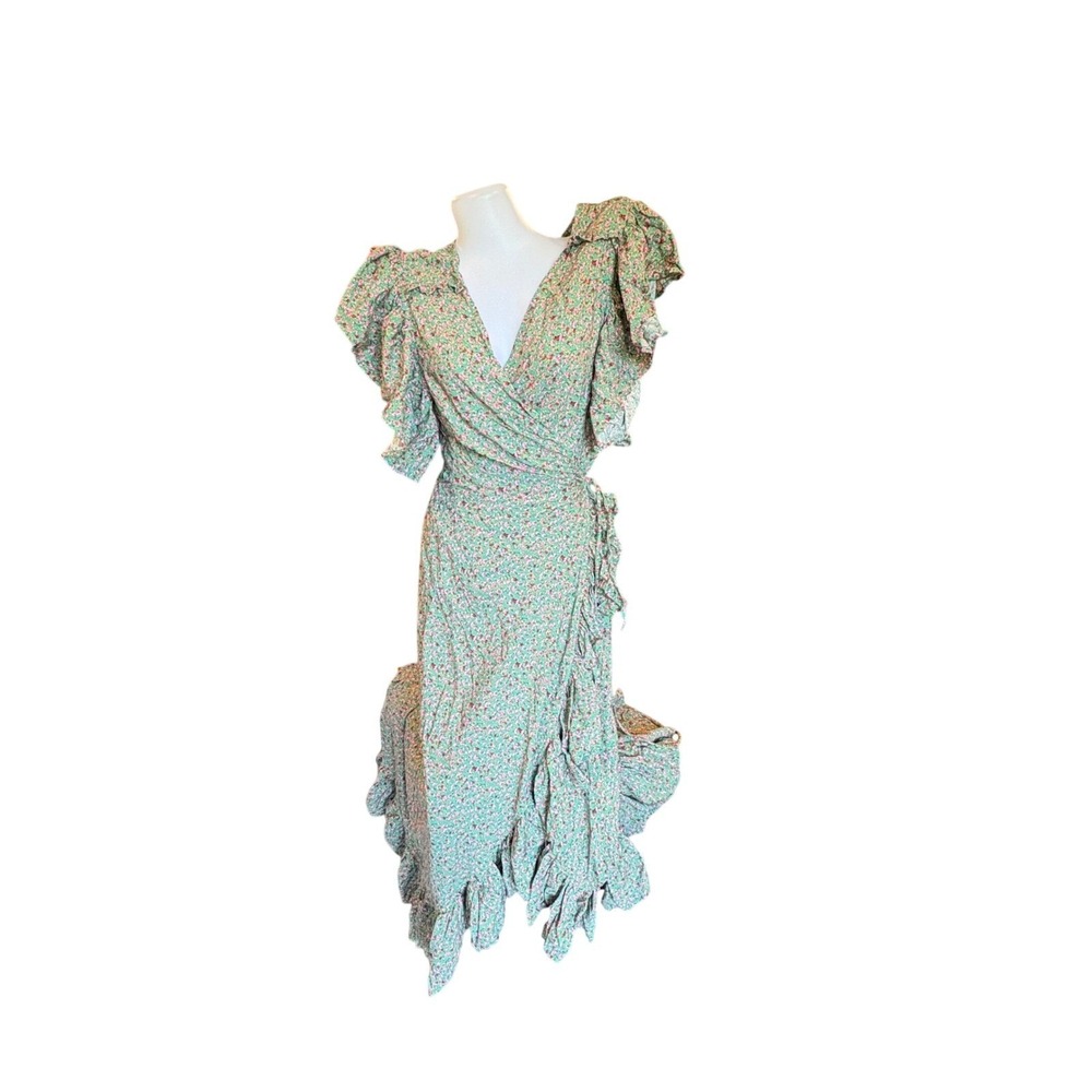 ♾️Bali ELF Rayon Green Fields Carmen Wrap Maxi Dress Boho Festival Ruffle Lg♾️ - Picture 3 of 12